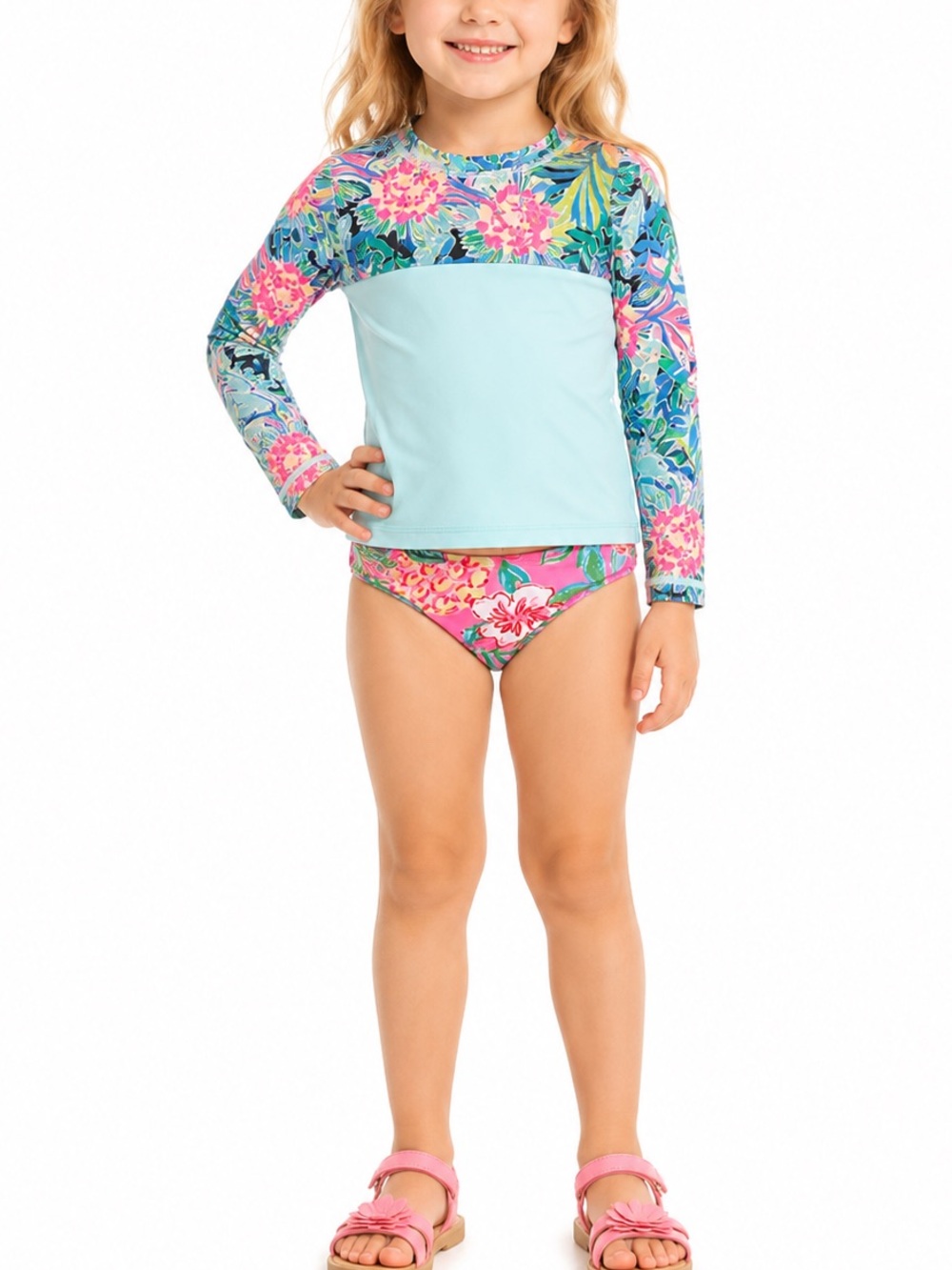 Lilly Pulitzer Girls Floral Long Sleeve Rash Guard Two Piece Swimsuit SZ 7 Girls